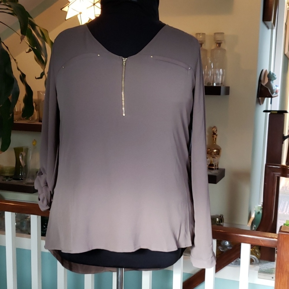 Simply Emma Asymmetrical Womens Taupe V Neck Top